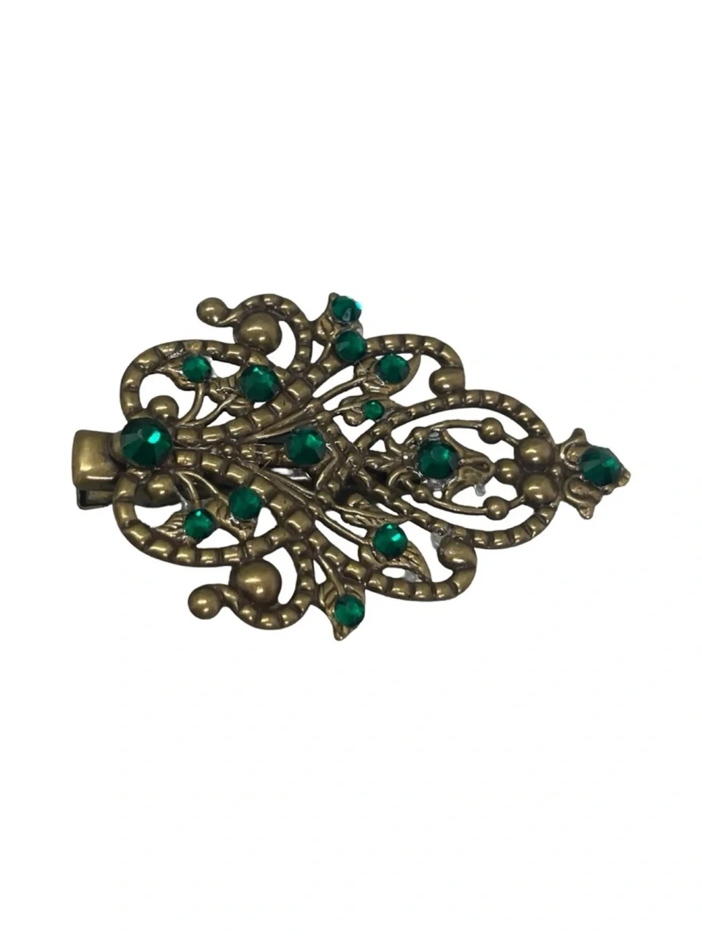 Antique-Style Filigree Hair Clip with Green Stones